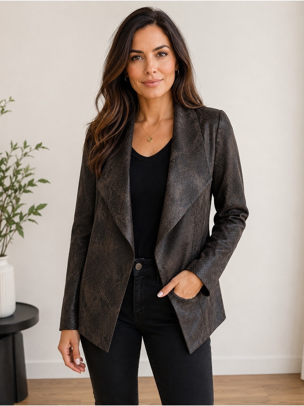 Baccini Women’s Medium Faux Snakeskin Open Front Blazer Jacket Brown Black